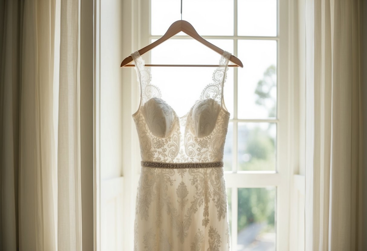 A white lace gown hangs on a hanger, bathed in soft natural light from a nearby window