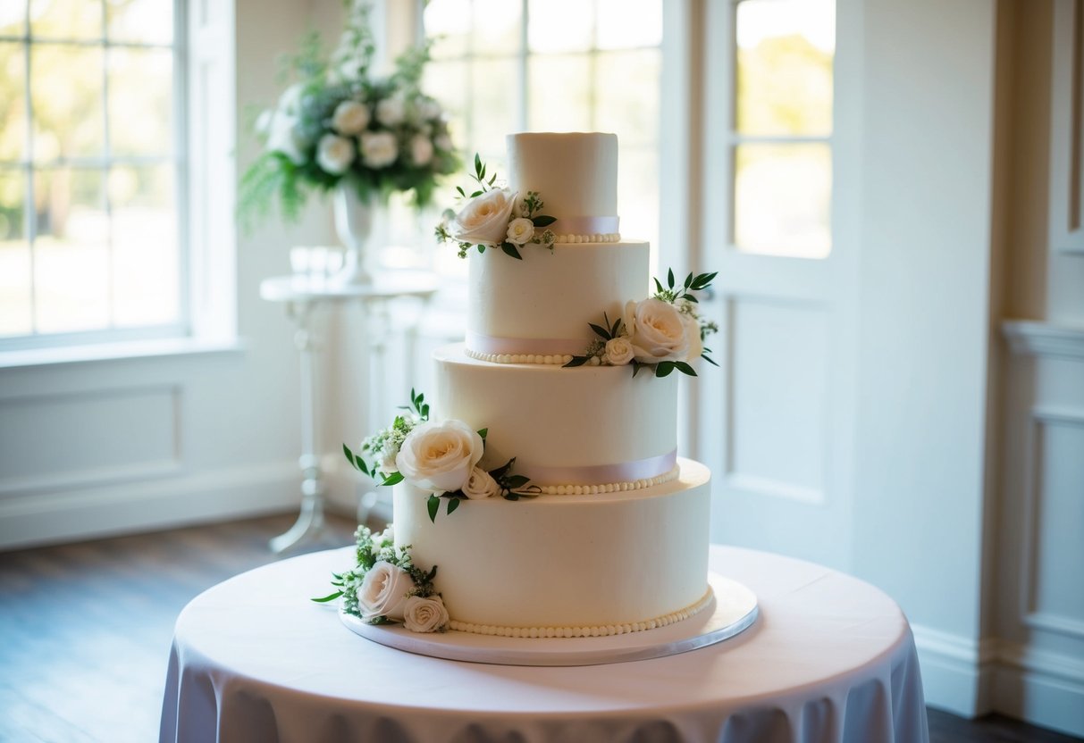 A three-tier wedding cake, 16 inches, 12 inches, and 8 inches in diameter, adorned with elegant floral decorations, sits atop a pristine white table