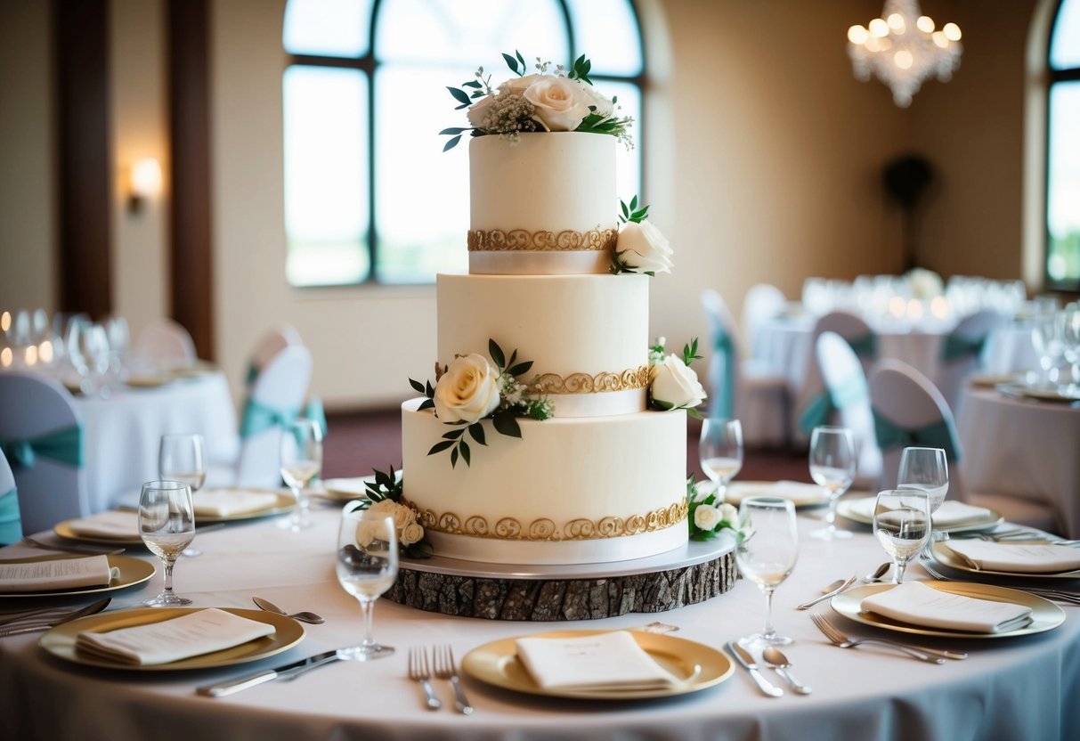 A 3-tier wedding cake with elegant decorations, surrounded by 100 place settings