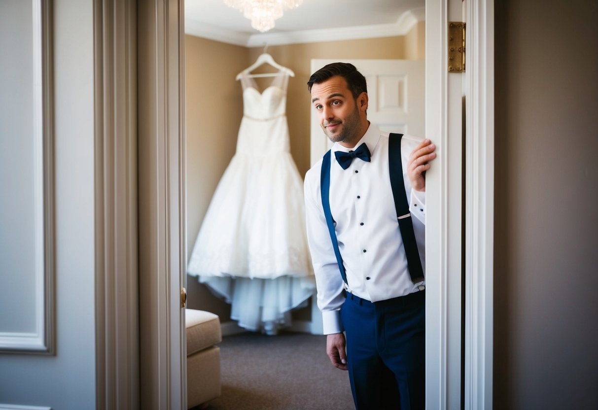 A groom peeking through a partially open door, catching a glimpse of the bride's dress hanging in the room