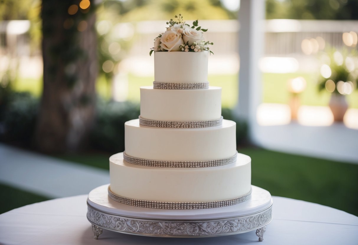 A three-tiered wedding cake with a size suitable for 100 guests, adorned with elegant decorations and placed on a decorative cake stand