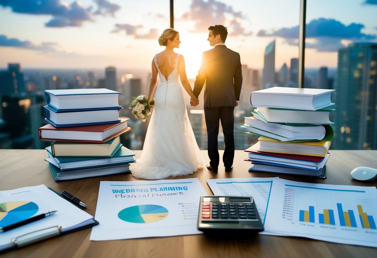 A couple standing in front of a table covered in wedding planning books, financial spreadsheets, and a calculator