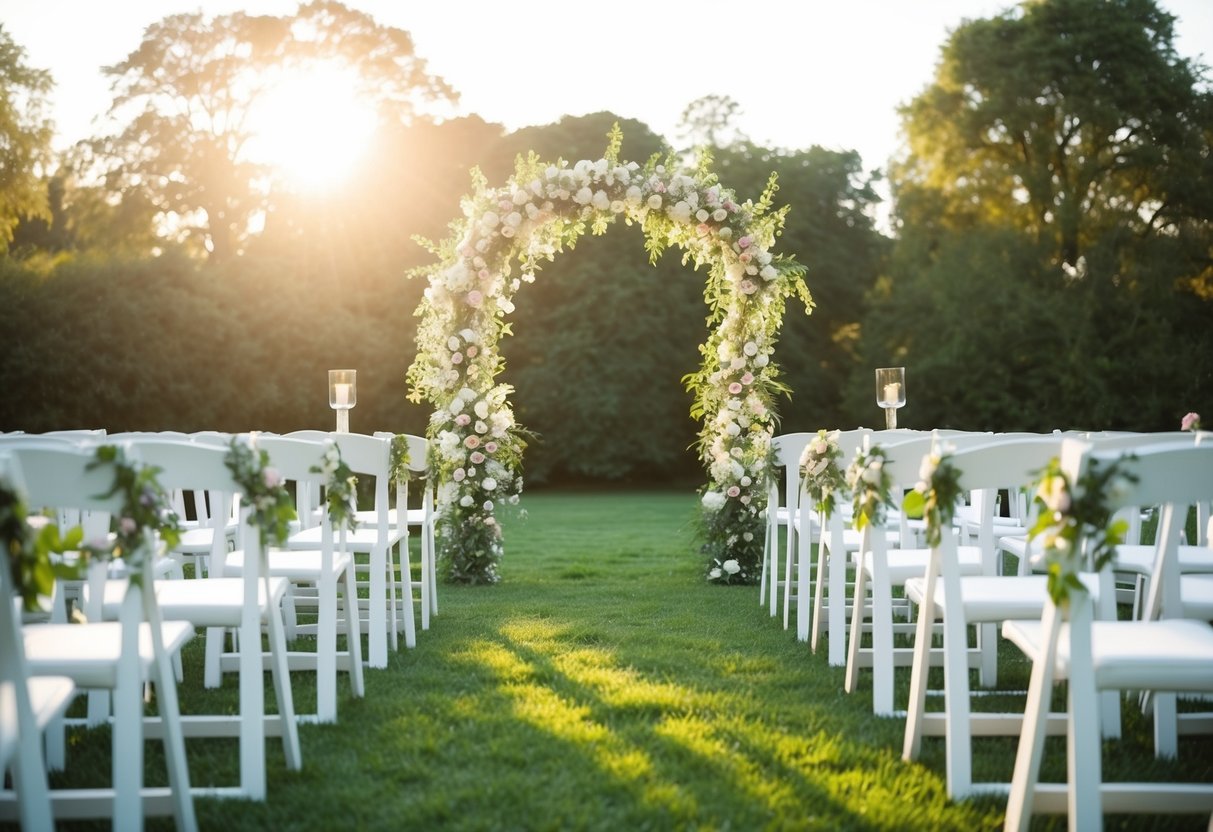 A sunlit outdoor wedding ceremony with rows of chairs and a floral arch
