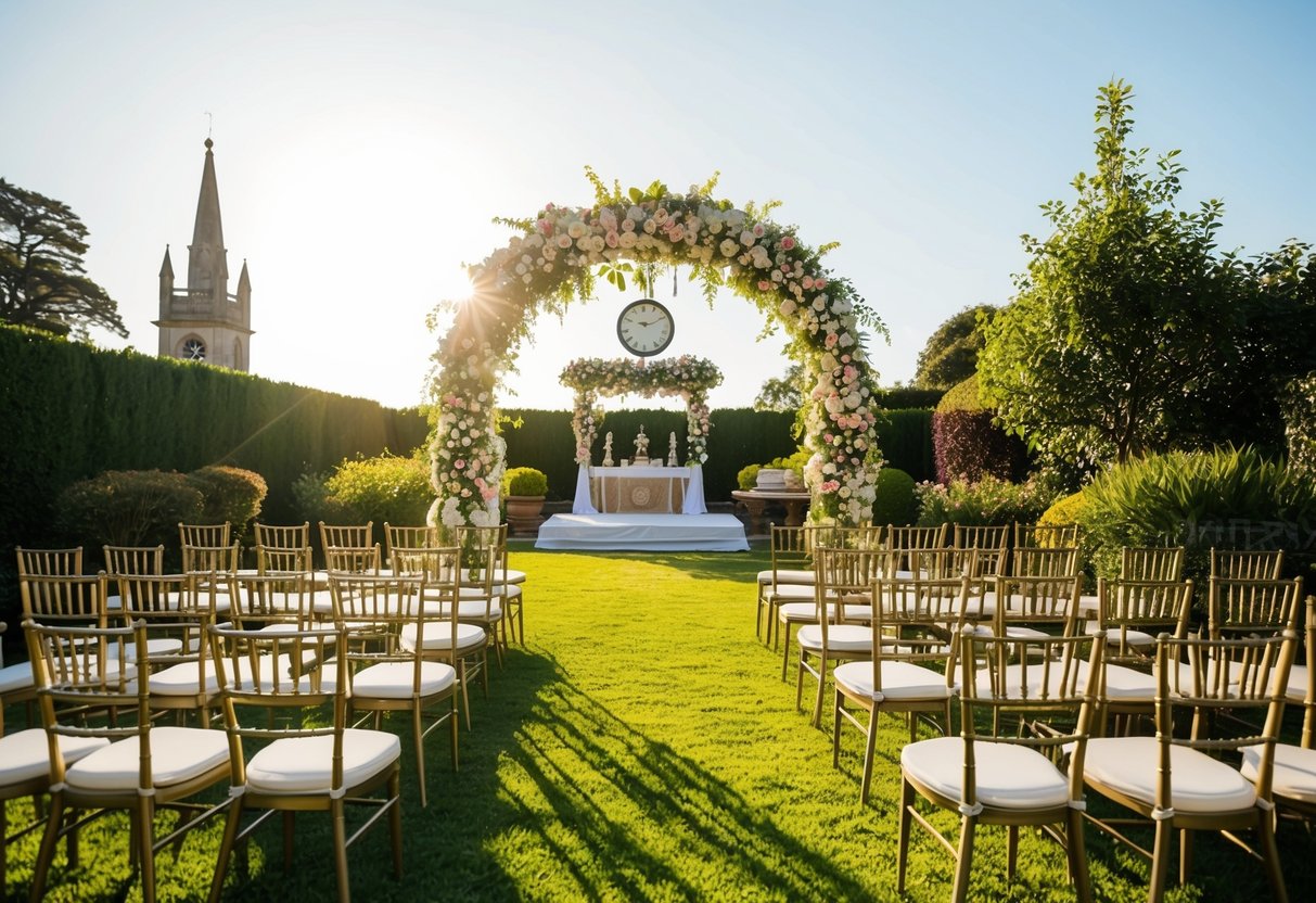 A sunlit garden with a floral arch and rows of chairs, a clock showing mid-morning, and a path leading to a decorated altar