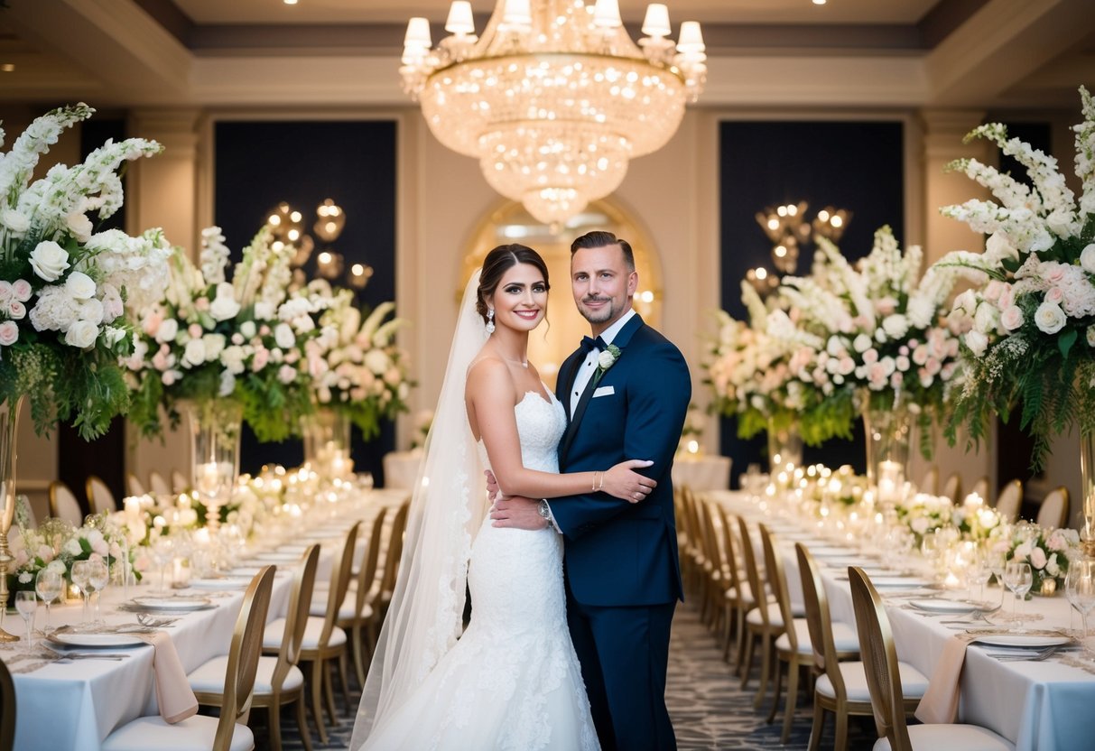 A bride and groom standing in front of a lavish wedding banquet, surrounded by elegant decorations and floral arrangements