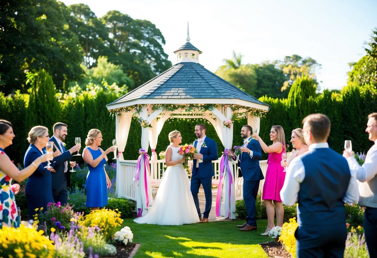 A sunlit garden with colorful flowers and a gazebo adorned with ribbons and twinkling lights, surrounded by happy guests mingling and raising glasses in celebration