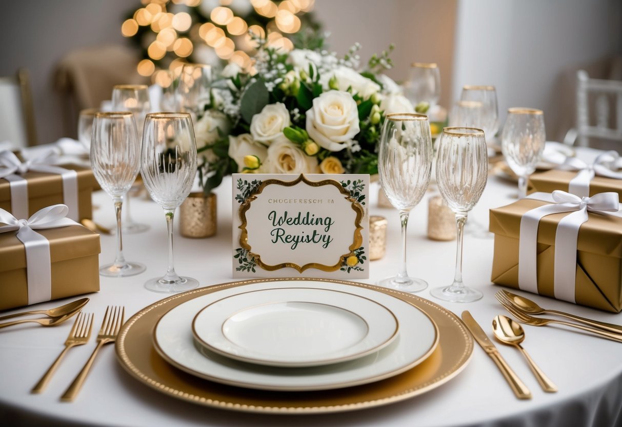 A table set with elegant dinnerware and sparkling glassware, surrounded by beautifully wrapped gifts and a decorative sign indicating it's a wedding registry
