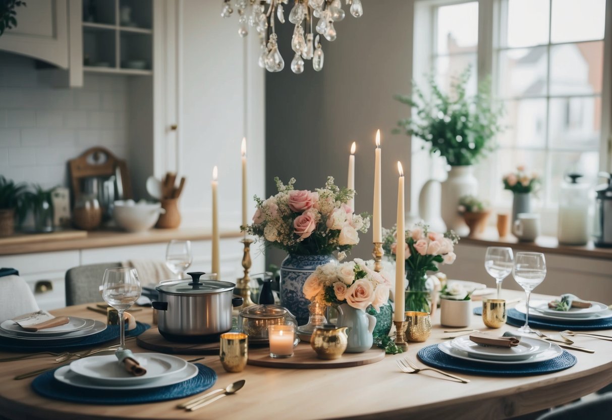 A table with a beautifully arranged selection of household items, kitchenware, and decor, surrounded by flowers and candles