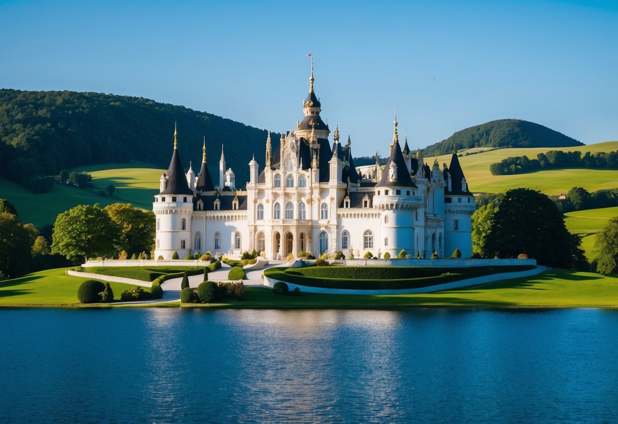 A lavish, ornate castle overlooking a pristine lake, surrounded by lush gardens and rolling hills, set under a clear blue sky