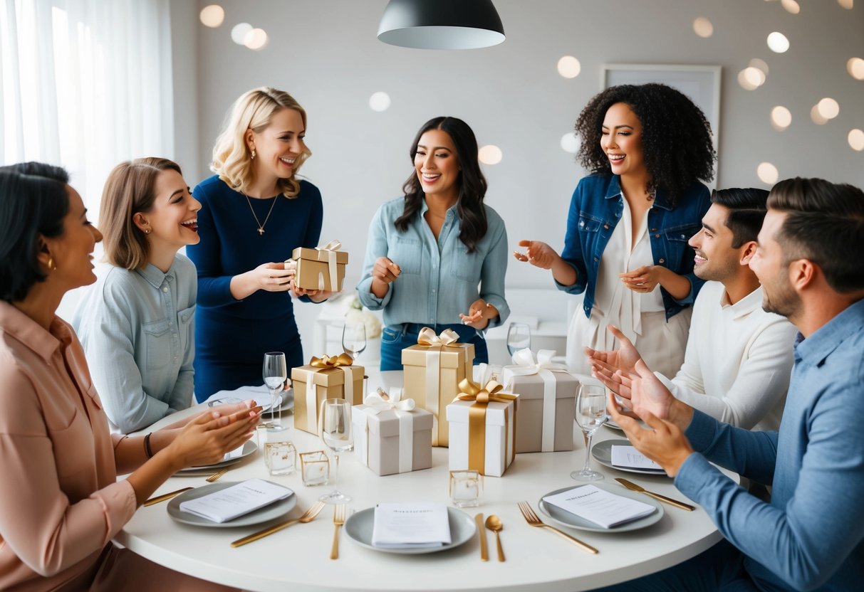 A table set with wedding registry items, surrounded by excited friends and family discussing gift ideas
