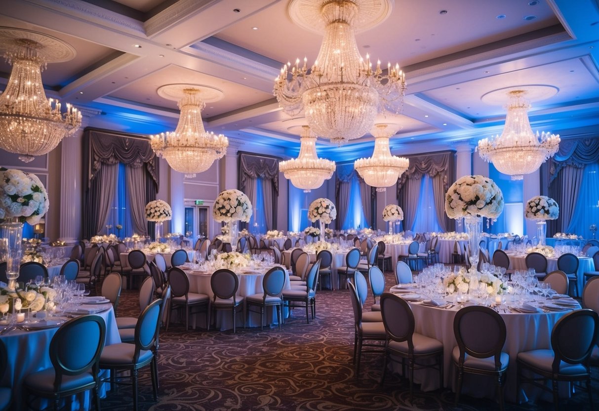 An elegant, grand ballroom with opulent chandeliers and ornate decor, set for a lavish wedding reception in a luxurious UK venue