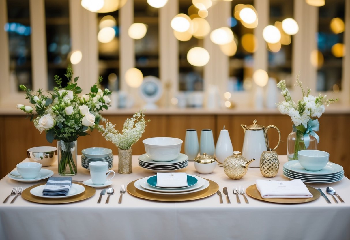 A table with a variety of wedding registry items, such as kitchenware, linens, and decorative pieces, displayed in an organized and appealing manner
