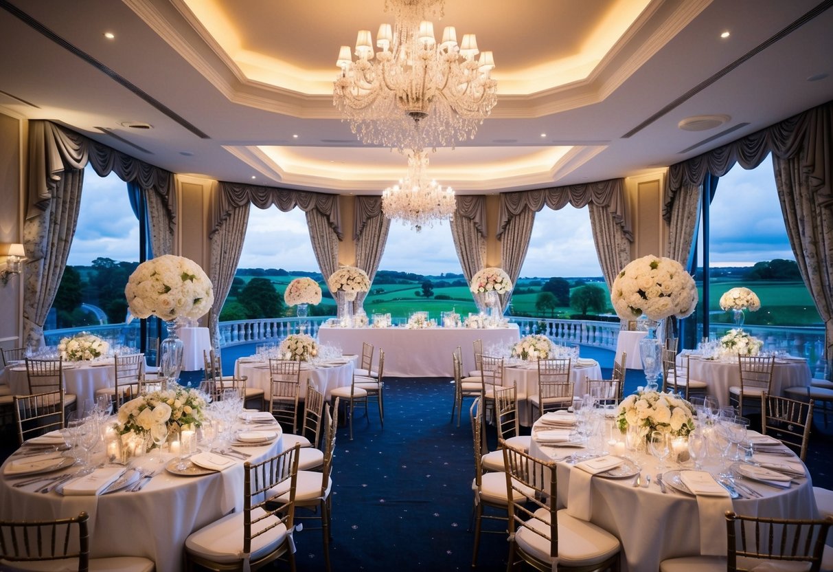 A lavish wedding venue in the UK, adorned with opulent decor and surrounded by picturesque landscapes, exuding luxury and extravagance