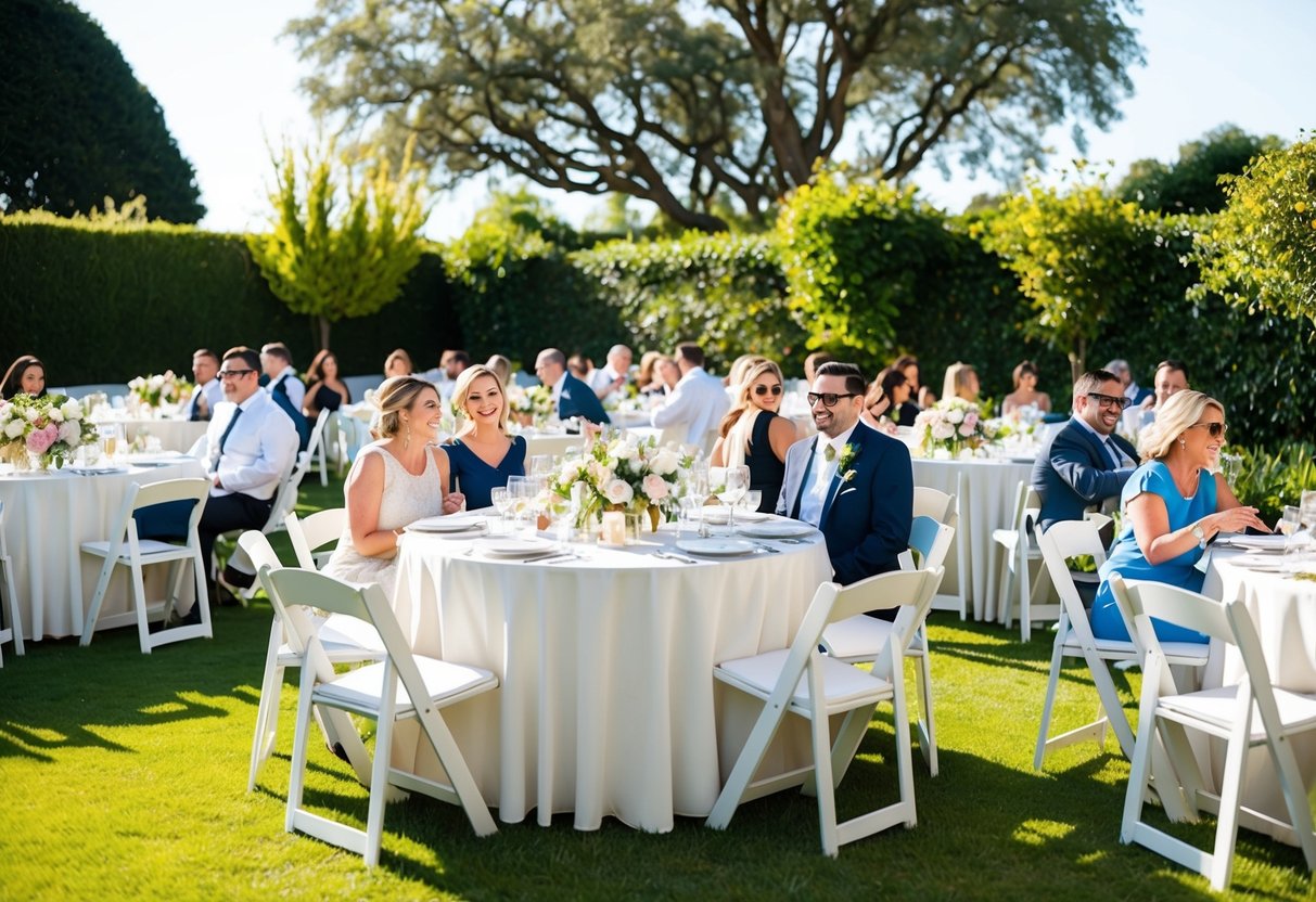 A sunny outdoor garden with round tables covered in white tablecloths, adorned with floral centerpieces, and guests in casual elegant attire enjoying a post-wedding brunch
