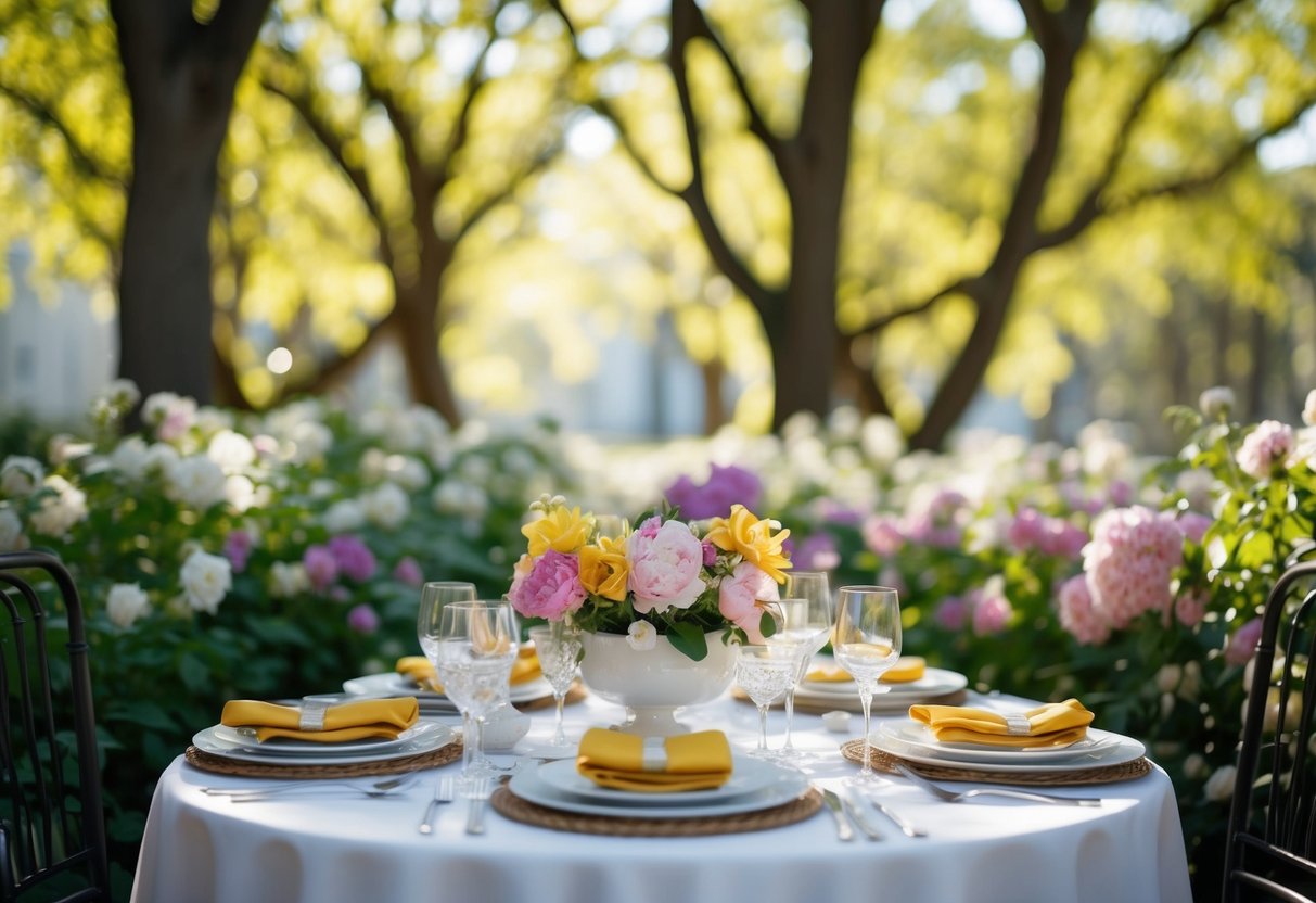 A table set with elegant brunch dishes, surrounded by blooming flowers and dappled sunlight filtering through the trees