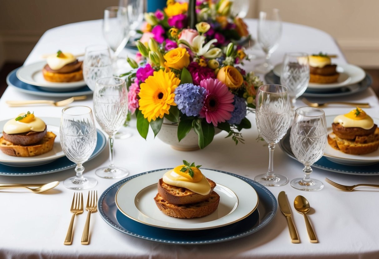 A table set with elegant brunch dishes, surrounded by colorful floral centerpieces and sparkling glassware