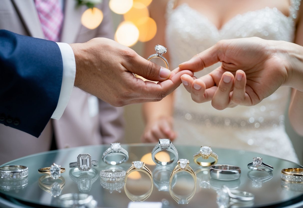 A man's hand holds out a ring towards a woman's hand, both surrounded by a sparkling display of various wedding rings