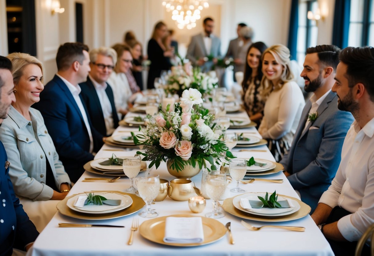 A table set with elegant place settings and floral centerpieces, surrounded by guests in casual yet stylish attire for a post-wedding brunch