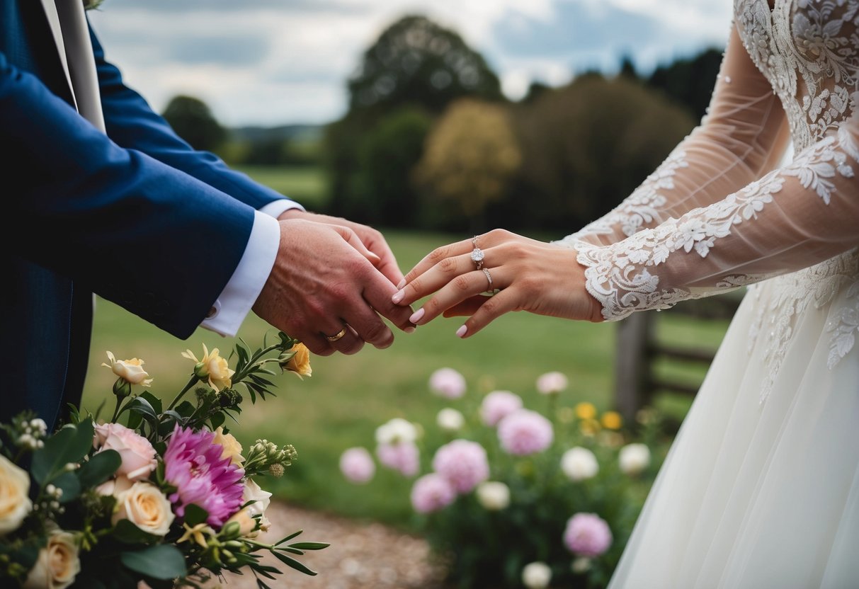 A bride and groom's hands exchange wedding rings, surrounded by blooming flowers and a traditional British countryside backdrop