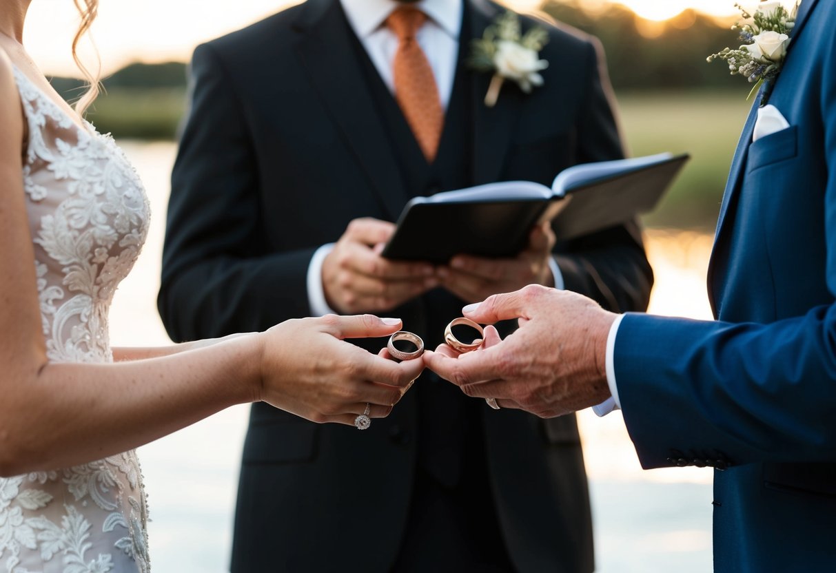 A couple's hands exchanging wedding rings with a celebrant officiating