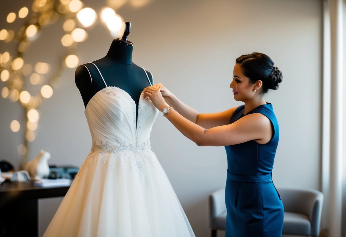 A wedding dress fitting with a seamstress adjusting the gown on a mannequin