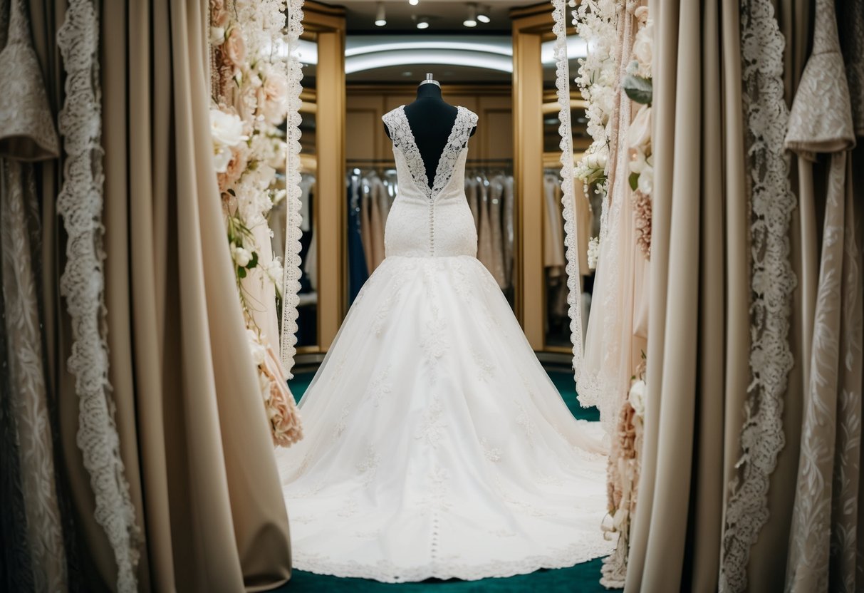 A luxurious wedding dress displayed in a grand boutique, surrounded by opulent fabrics and intricate lace details
