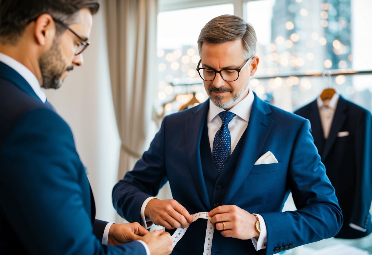 A tailor measures a suit for the father of the bride