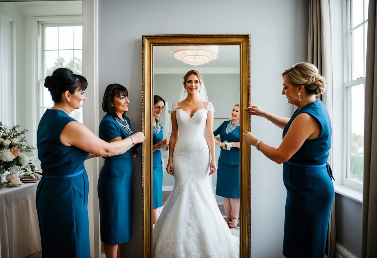 A bride standing in front of a full-length mirror, surrounded by a seamstress and wedding planner, adjusting the fit of her wedding dress