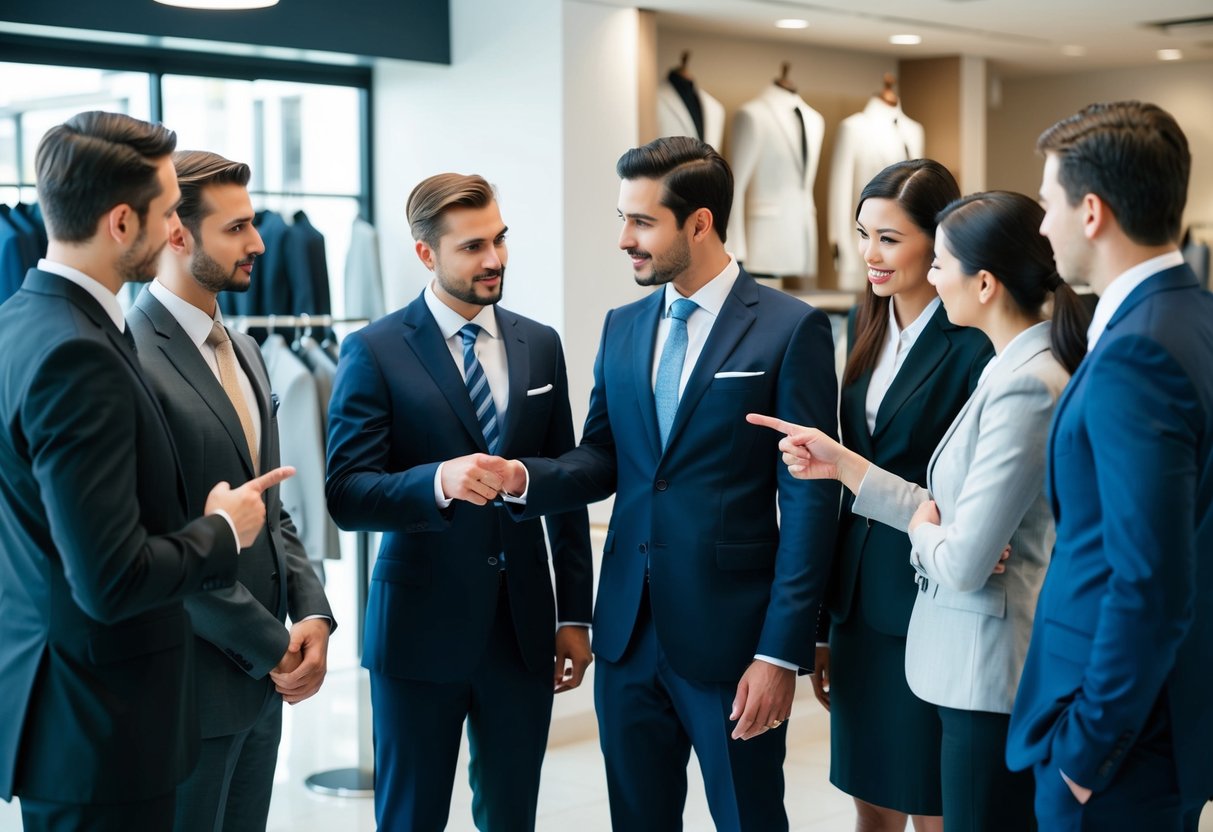 A group of people discussing and pointing at a suit in a formal wear shop