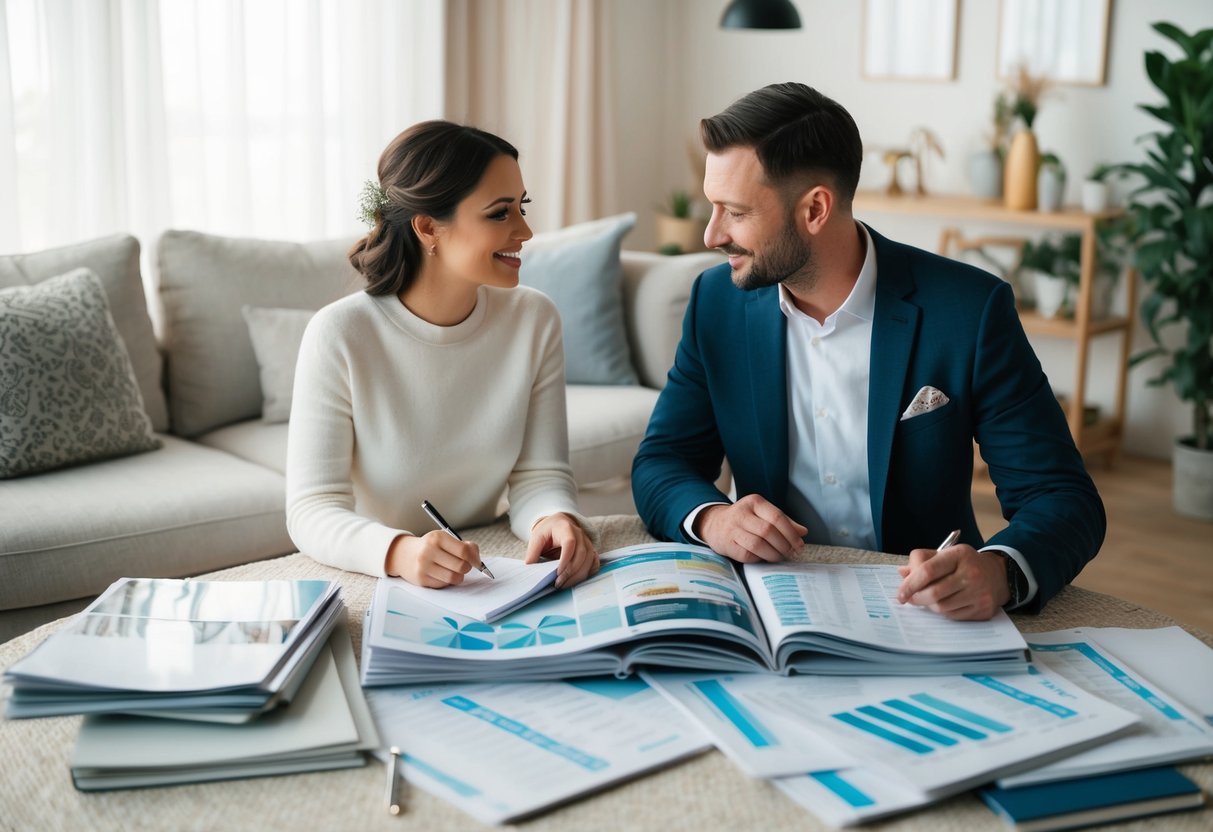 A couple sits at a table covered in wedding magazines and spreadsheets, discussing plans and making notes in a cozy living room with soft lighting