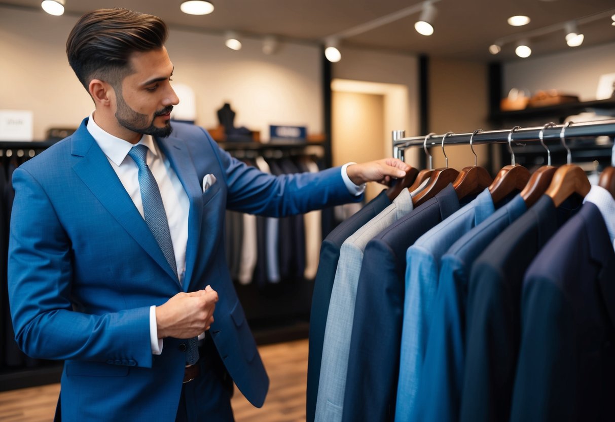 A man selects a formal suit from a rack in a clothing store