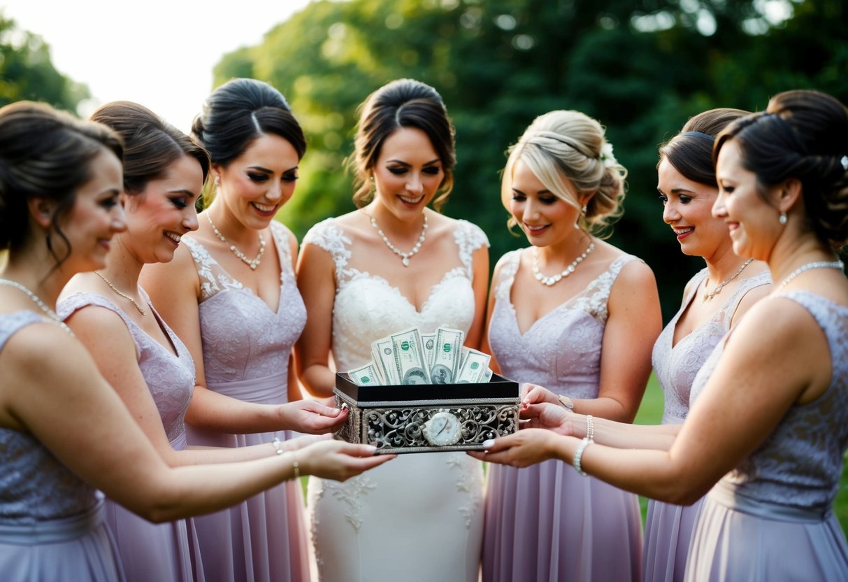 Bridesmaids place money in a decorative box for the bride