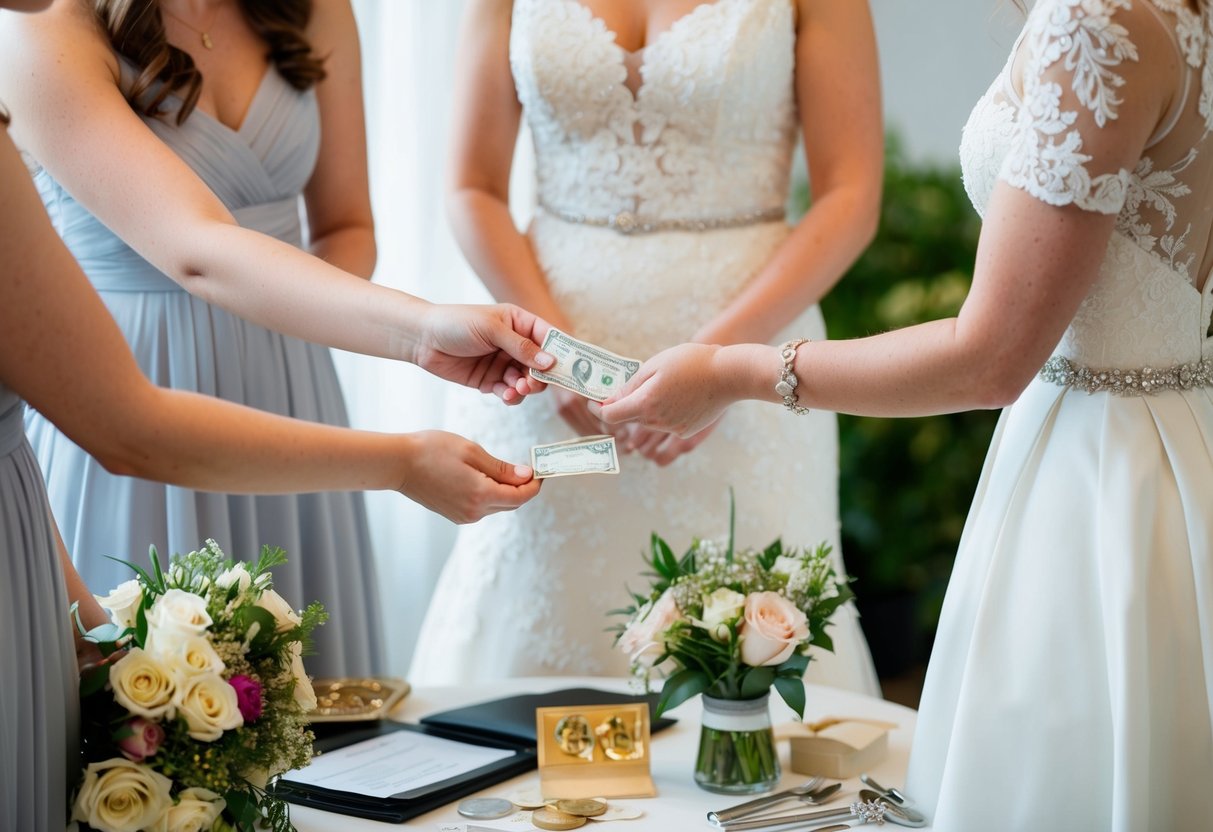A bridesmaid handing over cash to the bride, surrounded by wedding-related items like dresses, flowers, and a wedding planner