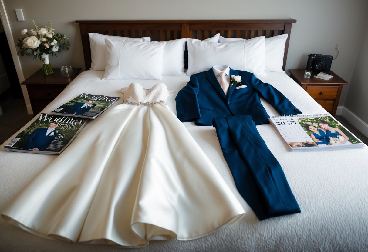 A bride and groom's attire laid out on a bed, surrounded by wedding magazines and a calendar with the date circled
