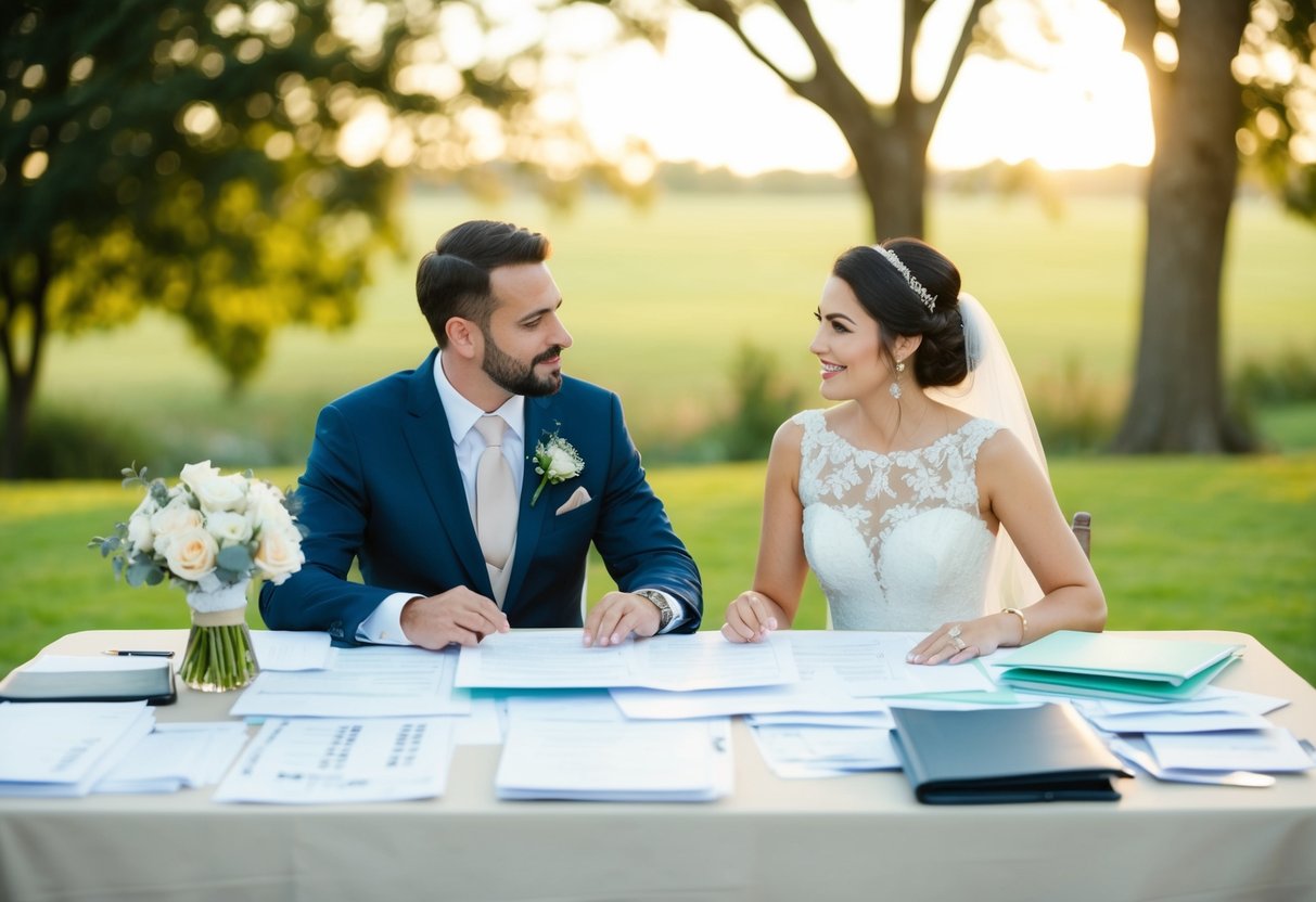 A couple sitting at a table covered in wedding planning materials, discussing details and making final decisions