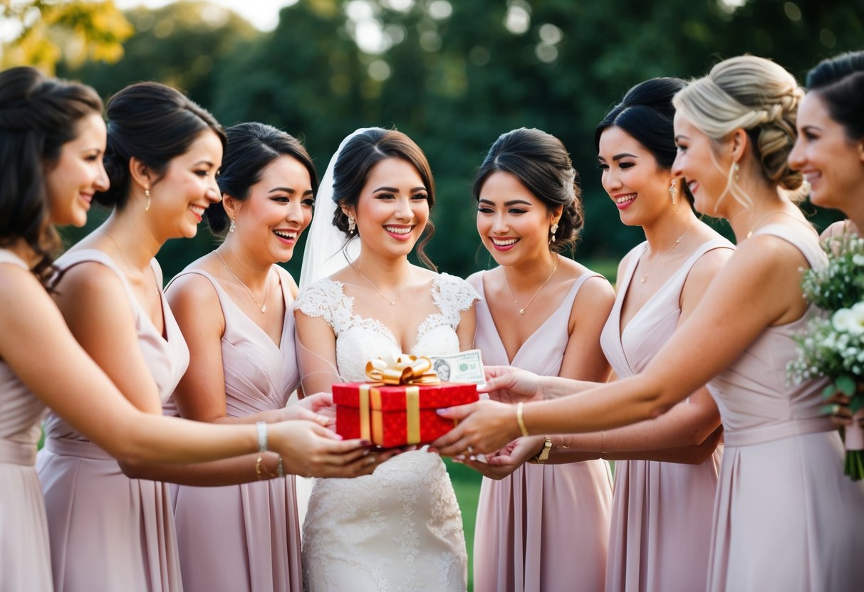 Bridesmaids presenting a gift to the bride, possibly in the form of money or a traditional item, in a joyful and celebratory atmosphere