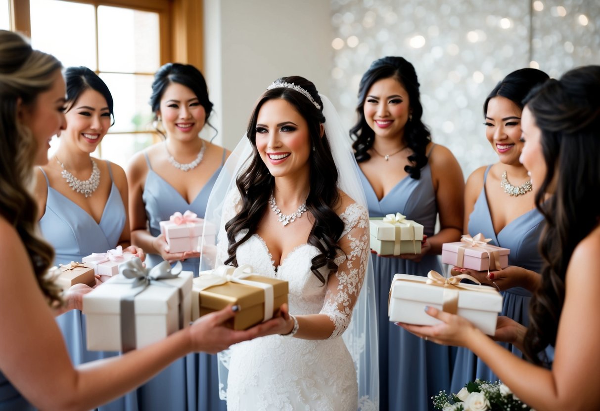 A bride receiving thoughtful gifts from her bridesmaids, such as jewelry, personalized items, or spa vouchers