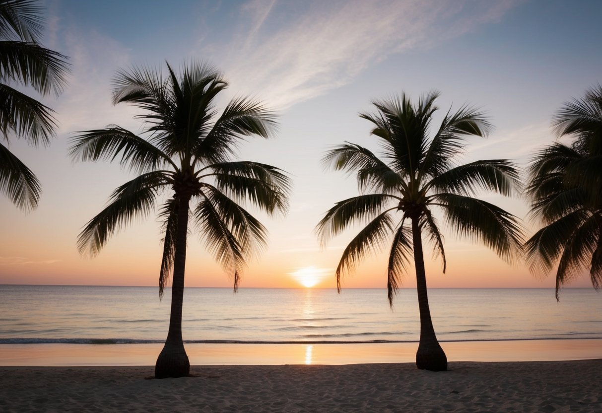 A serene beach with palm trees and a beautiful sunset, perfect for a destination wedding