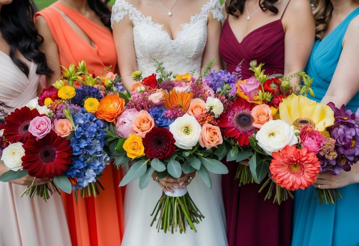 A group of colorful and diverse flowers arranged in a beautiful bouquet, symbolizing the selection of bridesmaids