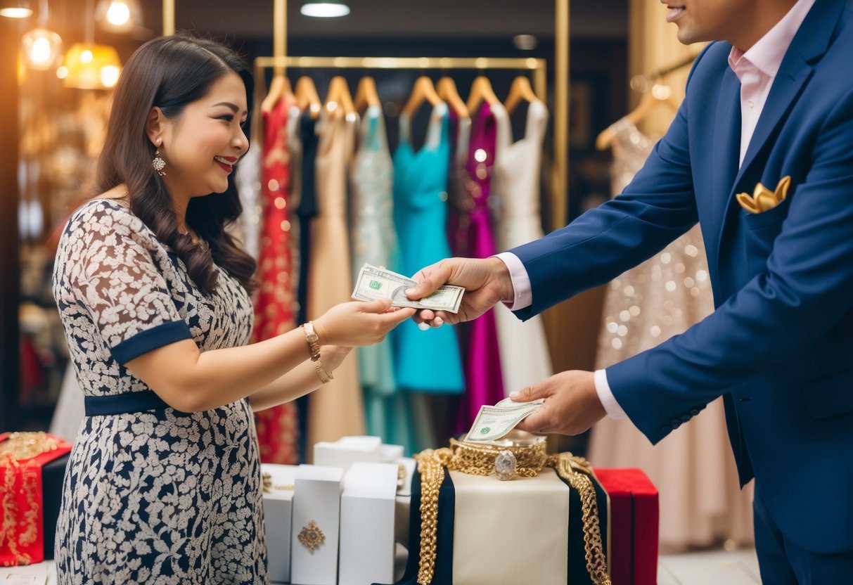 A parent hands over money to a dress shop owner