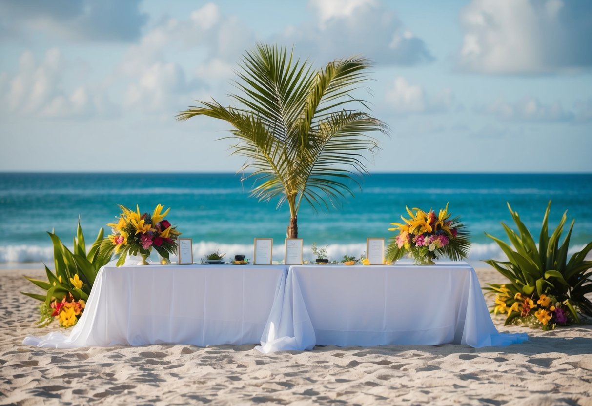 A beach with a table covered in wedding planning materials, surrounded by tropical flowers and a view of the ocean