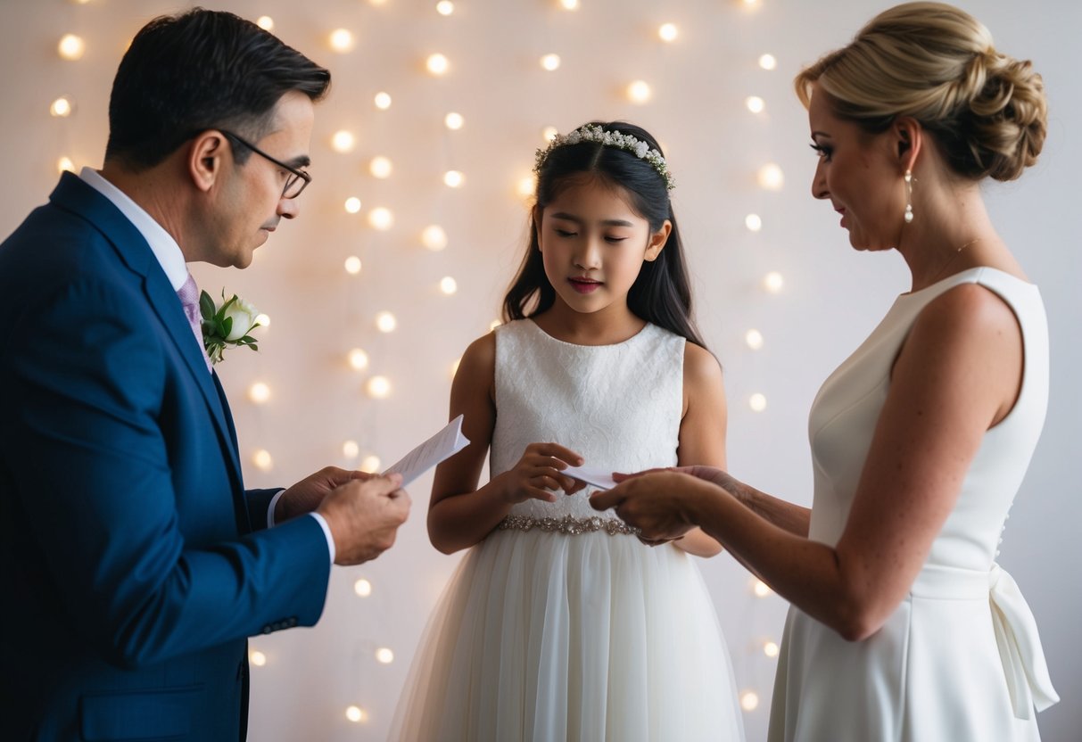 A parent and a wedding planner discussing payment for the flower girl dress