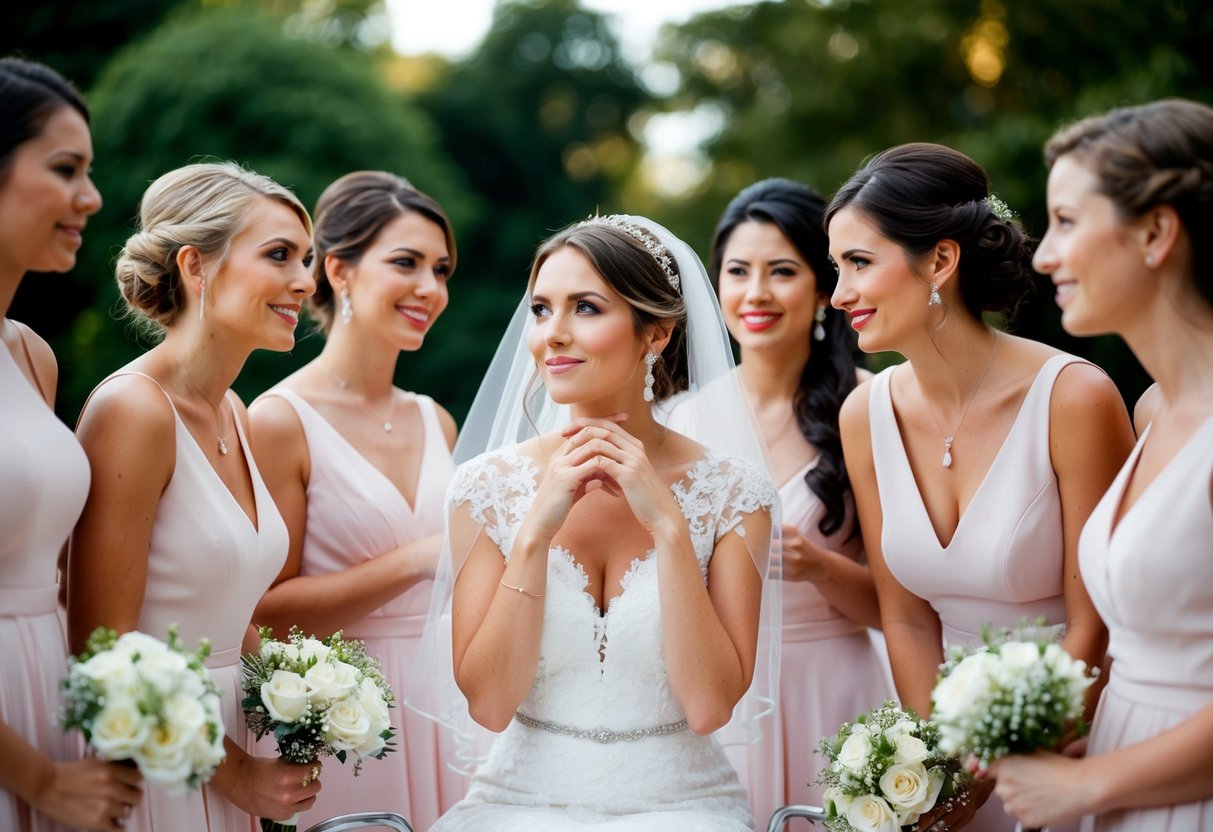 A bride surrounded by potential bridesmaids, pondering her choices