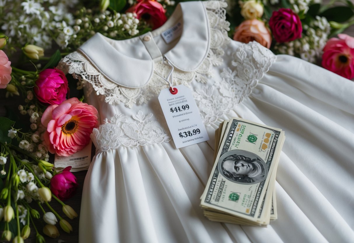 A young girl's dress surrounded by flowers and lace, with a price tag and a stack of bills nearby