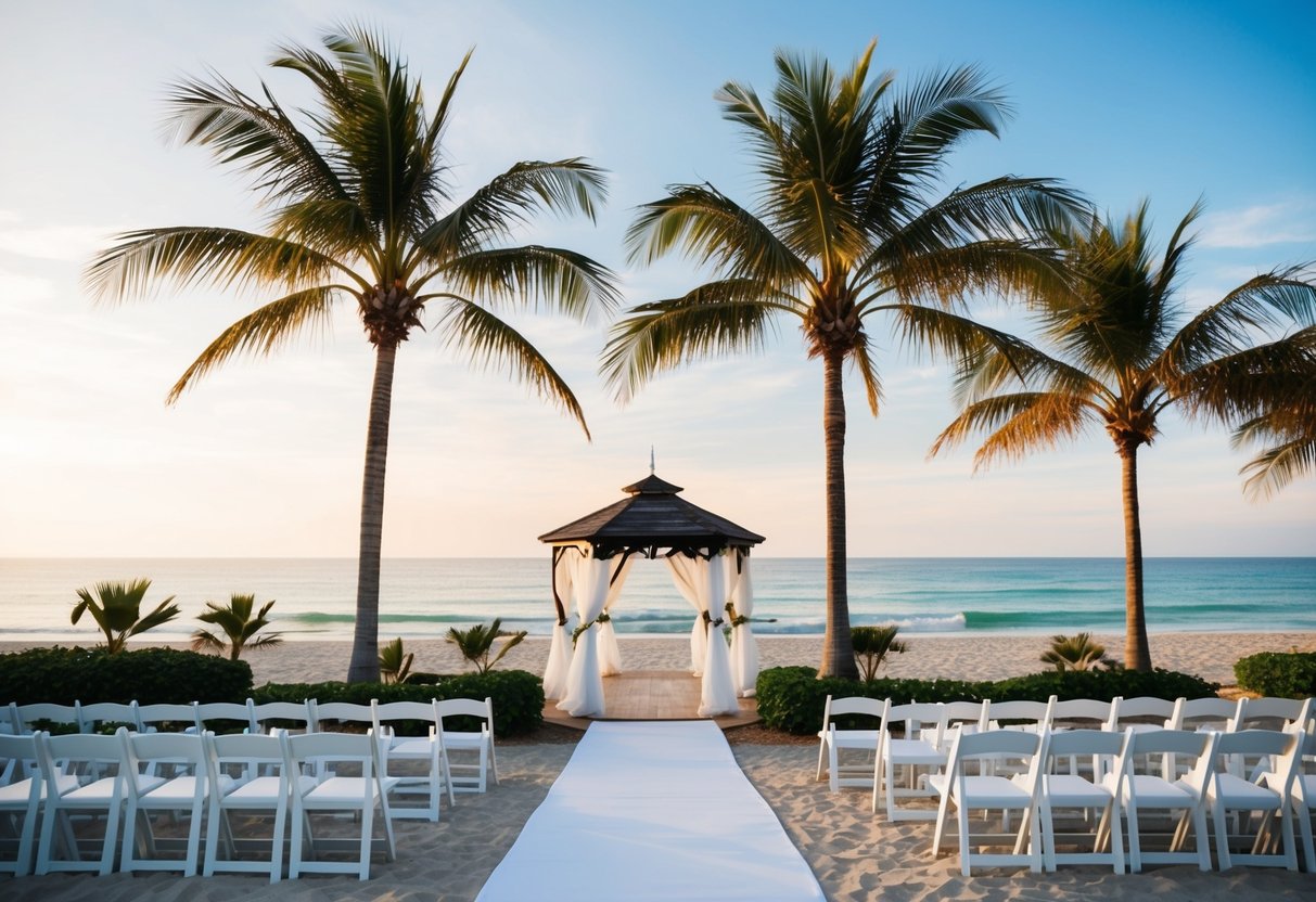 A beachfront wedding venue with palm trees, white chairs, and a gazebo overlooking the ocean