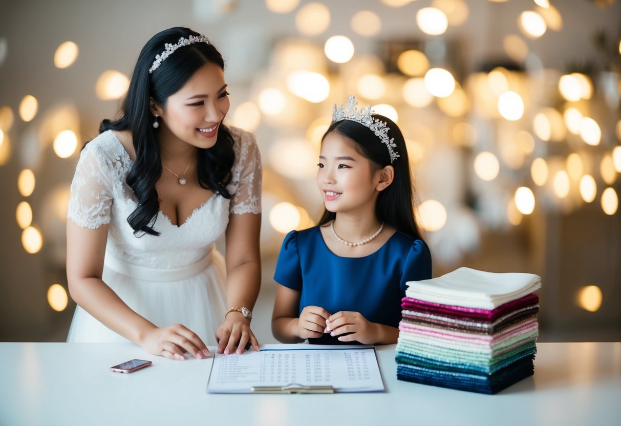 A parent and a bride discuss flower girl dress expenses at a table with a budgeting spreadsheet and a stack of fabric swatches