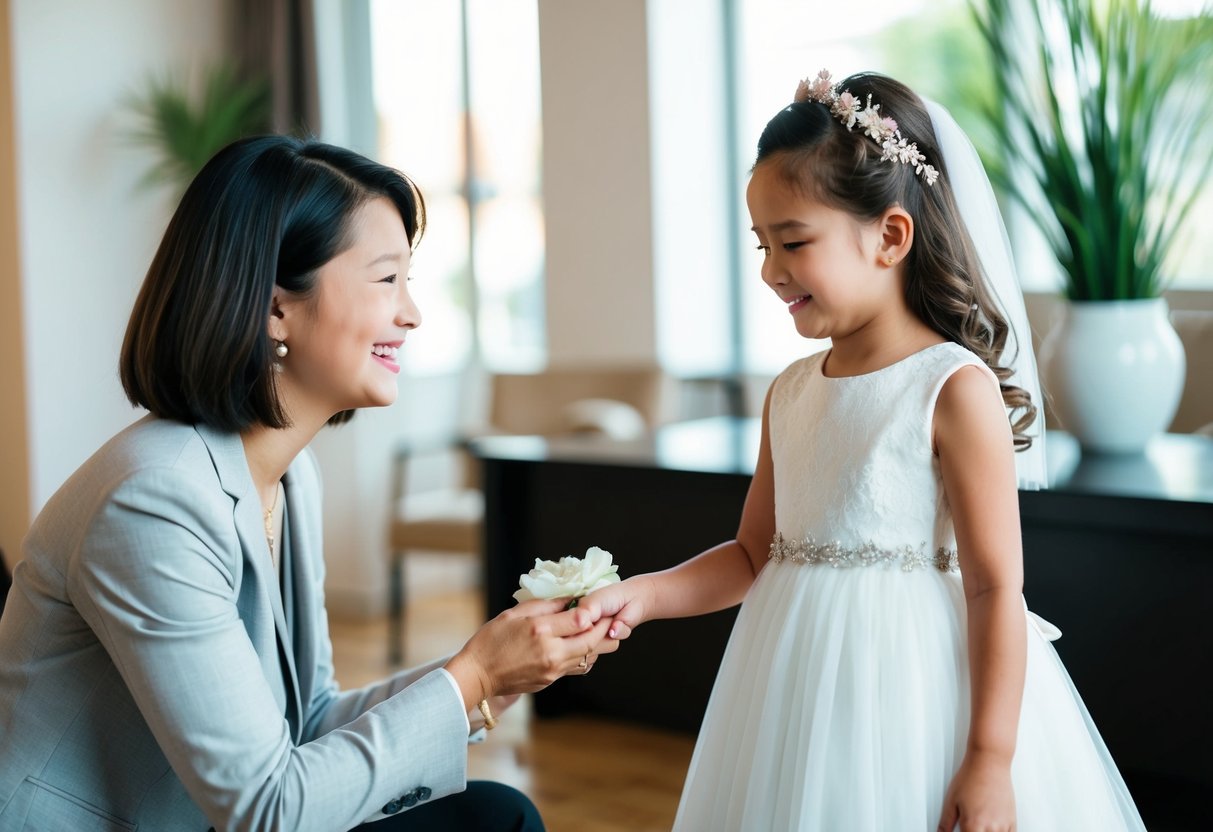 A parent buying a flower girl dress for a wedding, handing it to the flower girl with a smile