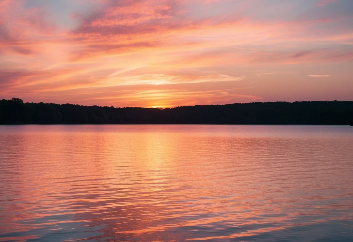 A serene sunset over a peaceful lake, with a warm blend of pink, orange, and gold hues reflecting on the water