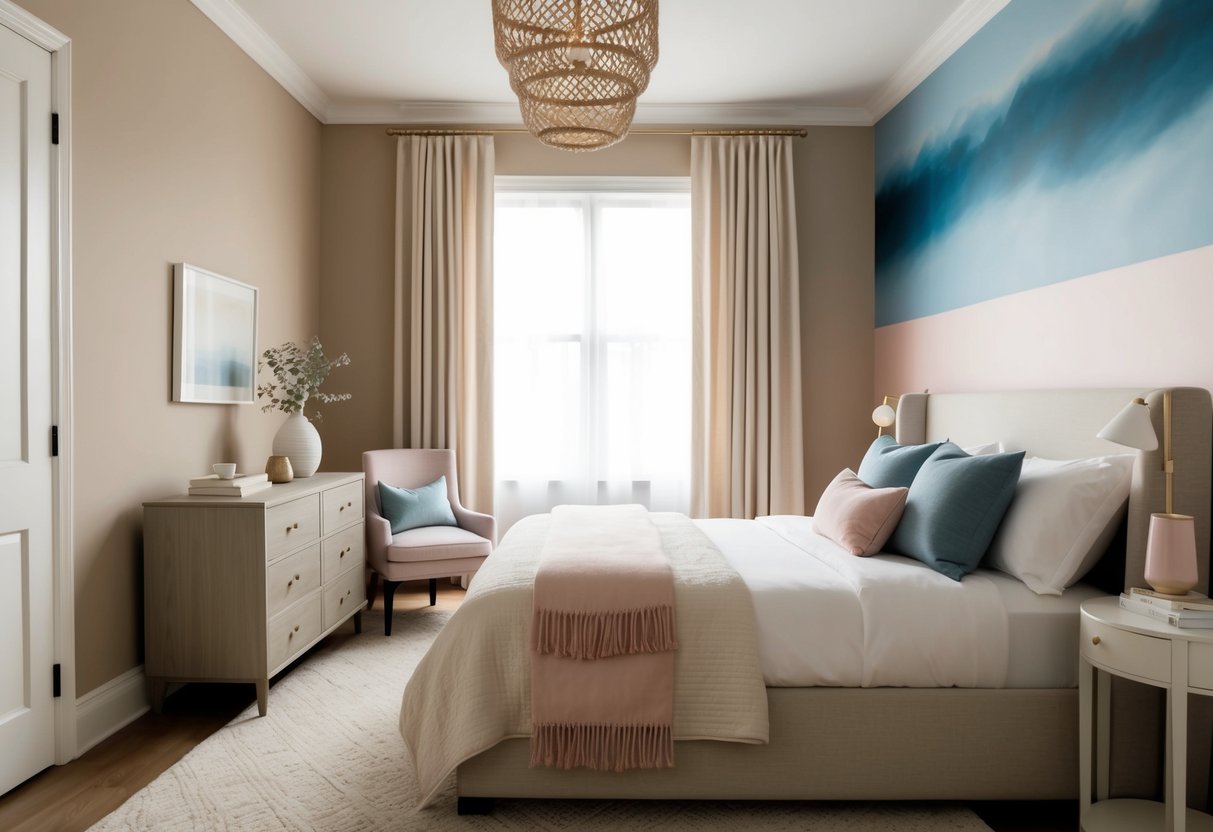 A cozy bedroom with a warm, neutral color palette, featuring accents of soft blue and gentle pink for a calming and romantic atmosphere