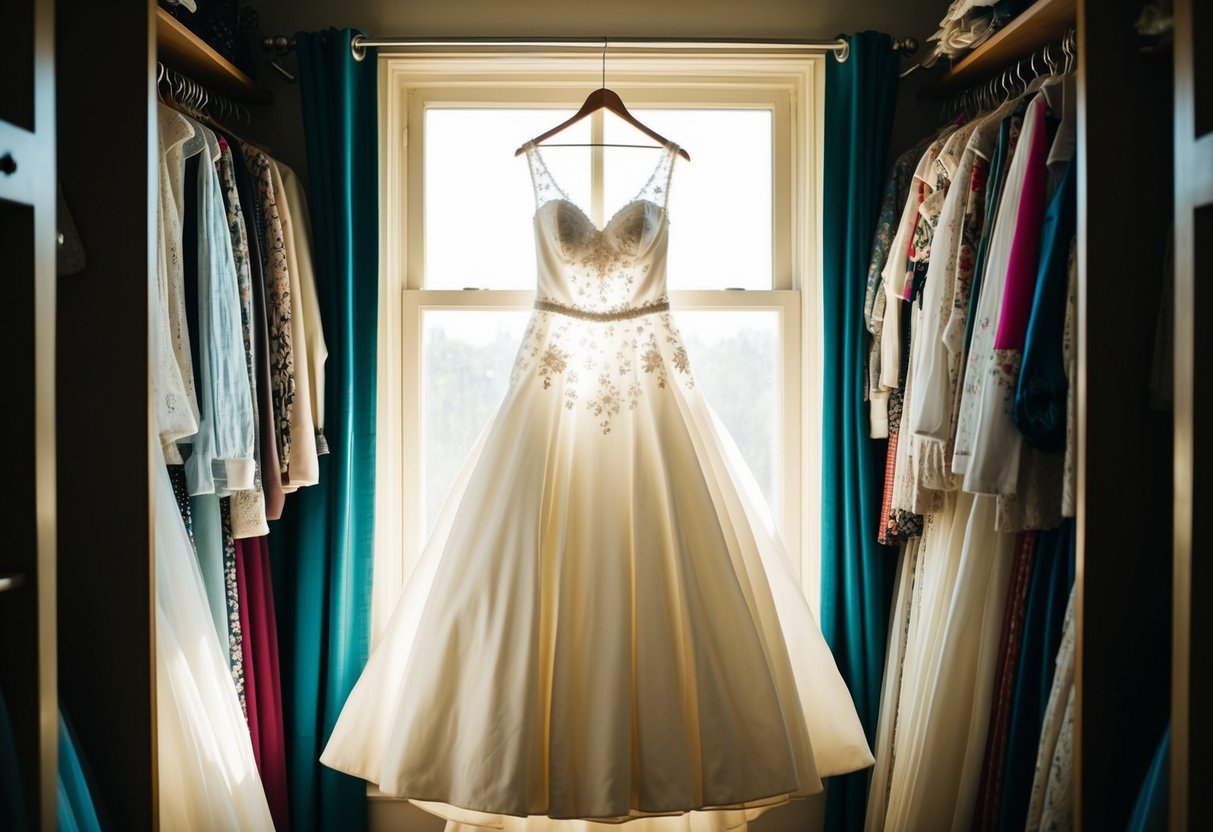 A vintage wedding dress hanging in a dimly lit closet, surrounded by other garments. Sunlight filtering through the window, casting a warm glow on the fabric